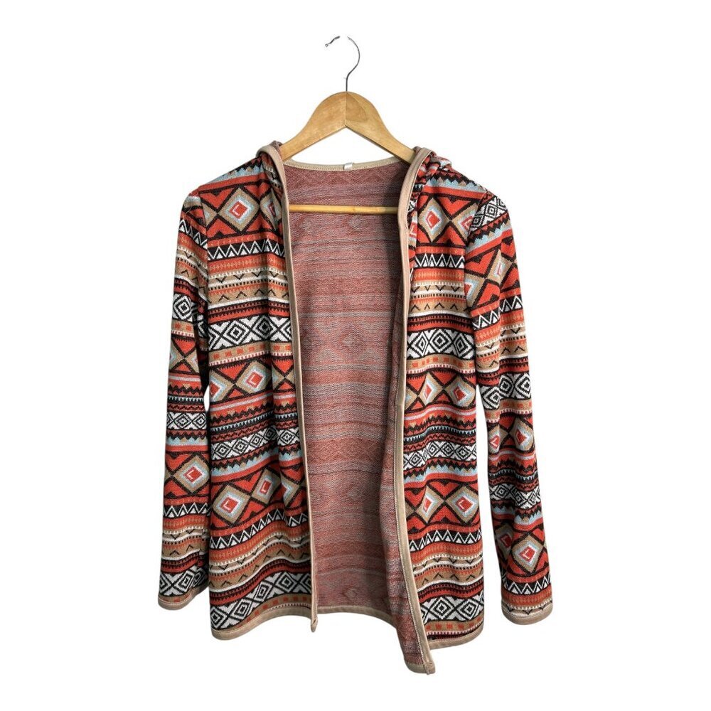 Aztec Southwestern Print Open Front Hoodie Cardigan Sweater Women's Size Small